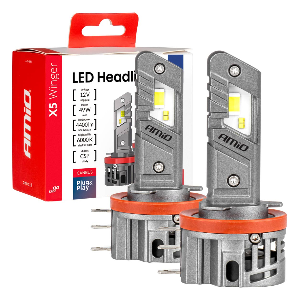 LED-strålkastarlampor X5-serien WINGER H15 49W 6000K CANBUS, AMIO-04685