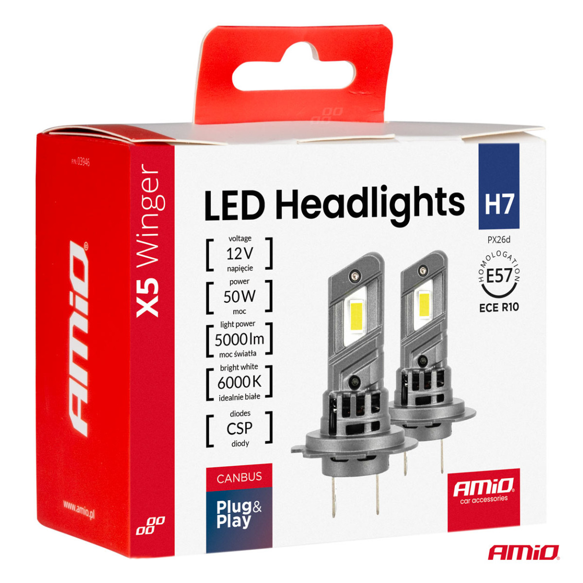 LED-strålkastarlampor X5-serien WINGER H7 H18 6000K max 50W AMIO-03946