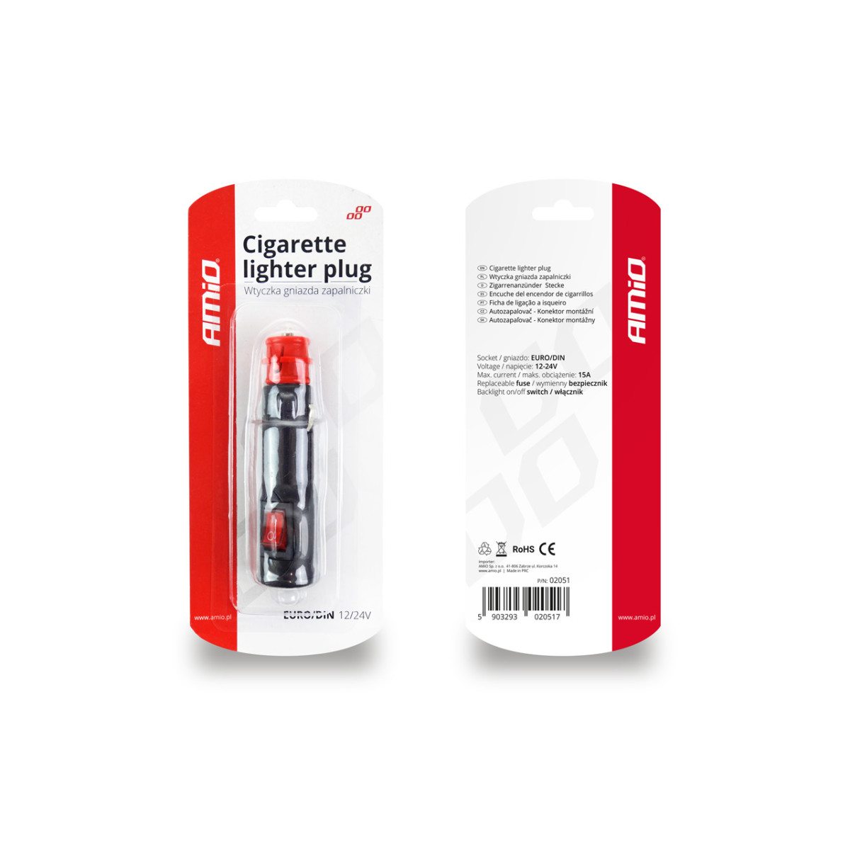Cigarettändaruttag med strömbrytare EURO/DIN 12/24V, AMIO-02051