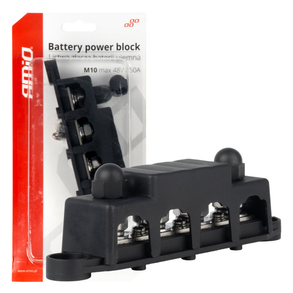 Negativpolsfördelningsblock med 4 M10-bultar, Samlingsskena 12/24/48V 250A, AMIO-03811