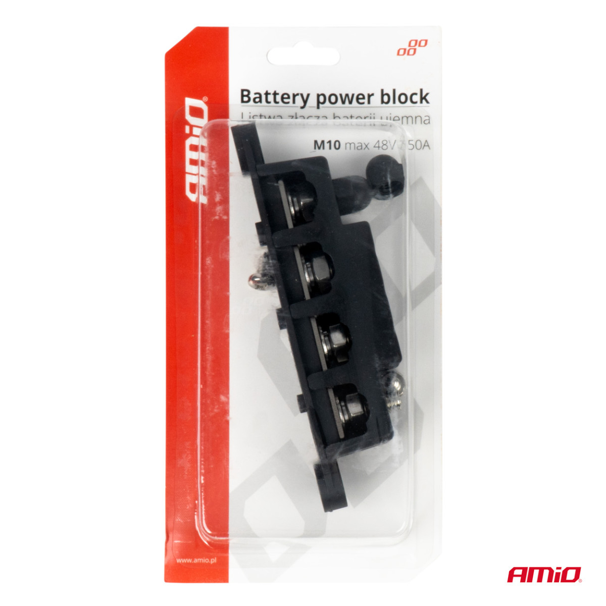 Negativpolsfördelningsblock med 4 M10-bultar, Samlingsskena 12/24/48V 250A, AMIO-03811