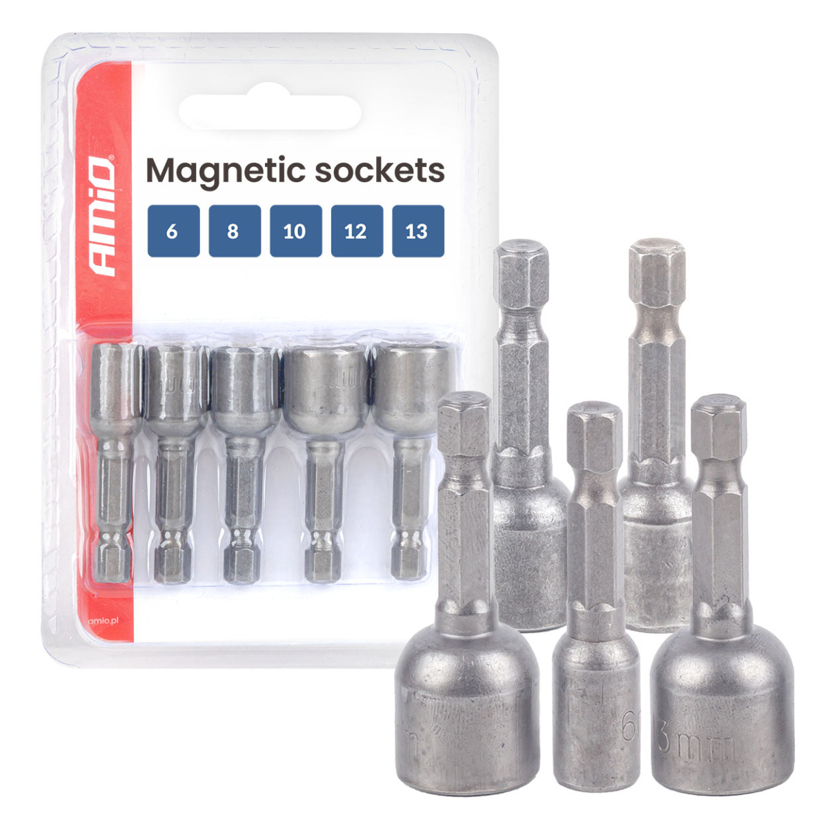 Magnetisk skruvmejselbitsats, 1/4" HEX, 6 / 8 / 10 / 12 / 13 mm, 5 st., AMIO-04937