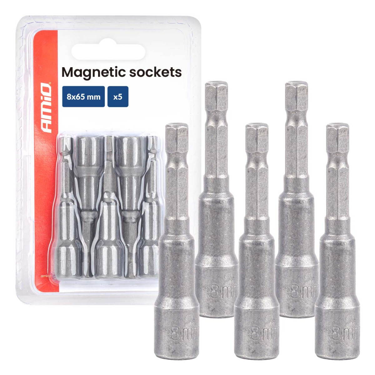 Magnetisk skruvmejselbitsats, 1/4" HEX, 8 x 65 mm, 5 st., AMIO-04938