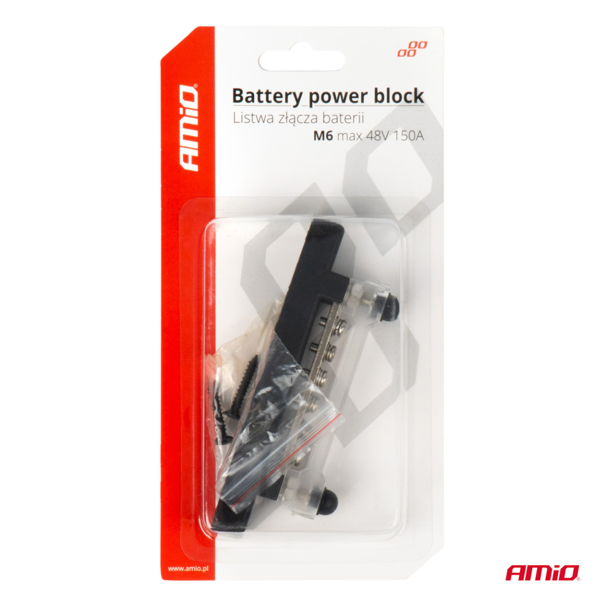 Negativpolsfördelningsblock med 6 M6-skruvar, Samlingsskena 12/24/48V 150A, AMIO-03809