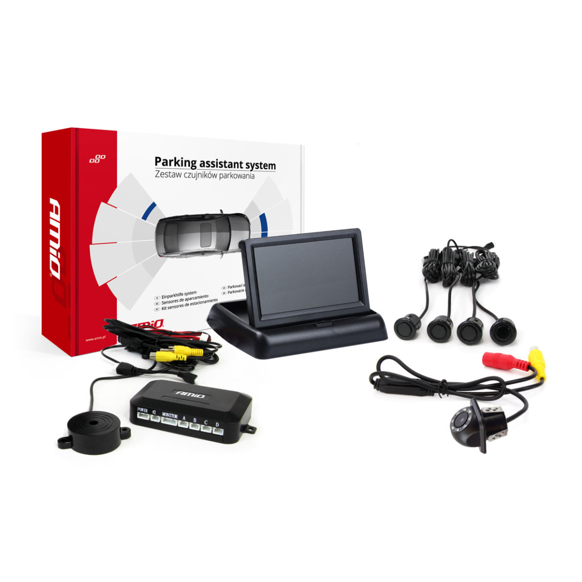 Parkeringshjälpsystem 4.3 TFT02 med FLIP-UP CAM-305 LED-kamera, 4 svarta sensorer GOLD 18 mm