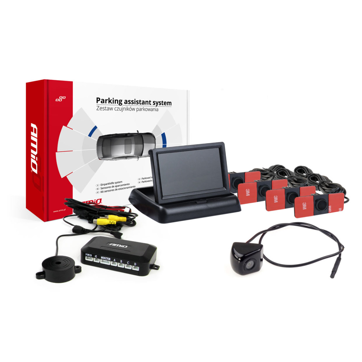 Parkeringshjälpsystem 4.3 TFT02 med FLIP-UP CAM-310 kamera, 4 svarta sensorer, invändig montering 16,5 mm