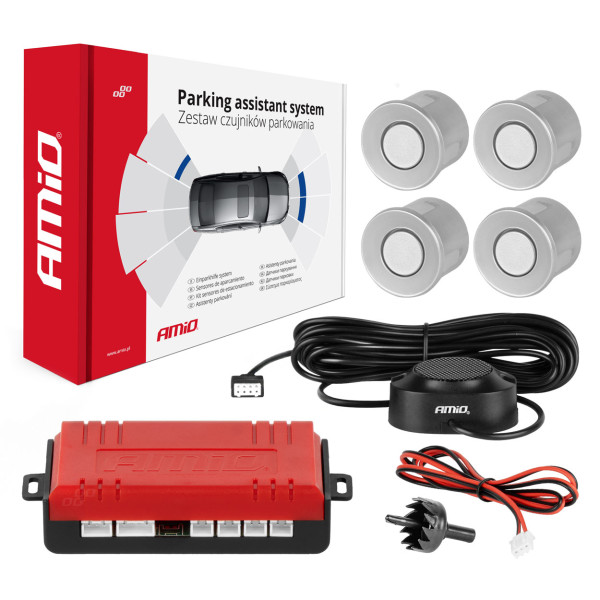 Parkeringshjälpsystem med ljudsignal, 4 silverfärgade sensorer 22 mm AMIO-01021