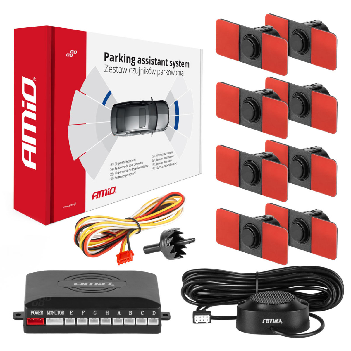 Parkeringshjälpsystem med ljudsignal, 8 svarta sensorer, invändig montering 16,5 mm AMIO-02254