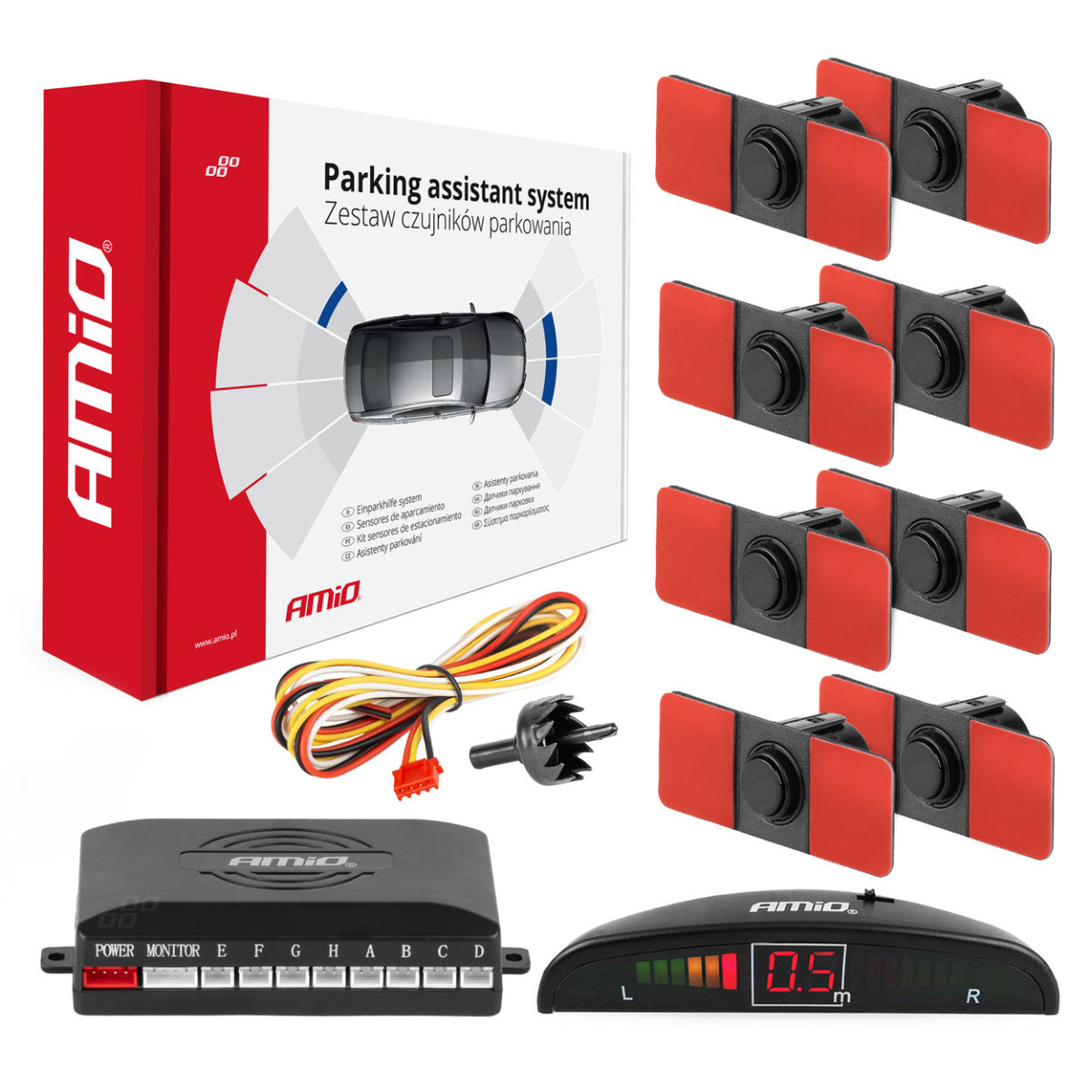 Parkeringshjälpsystem LED, 8 svarta sensorer, invändig montering 16,5 mm AMIO-02256
