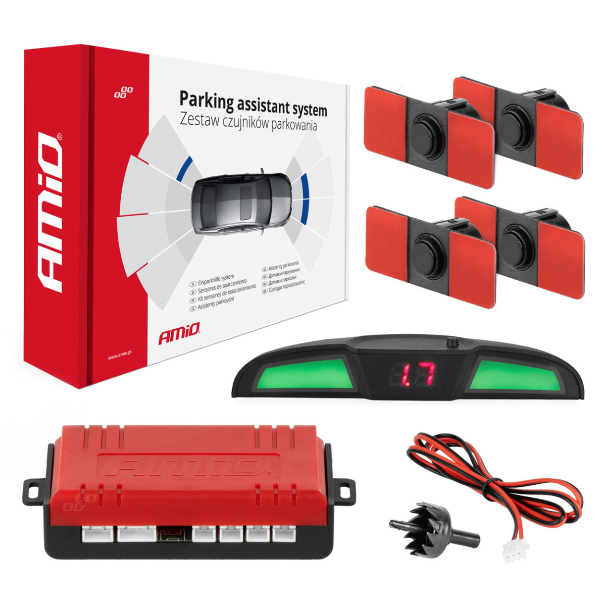 Parkeringshjälpsystem LED COB, 4 svarta sensorer, invändig montering 16,5 mm AMIO-02285