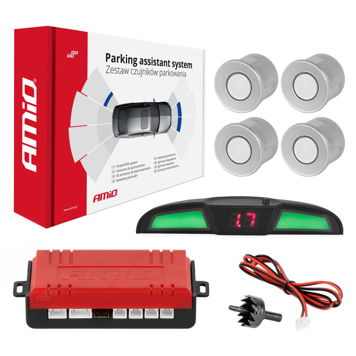 Parkeringshjälpsystem LED COB, 4 silverfärgade sensorer 22 mm AMIO-02282