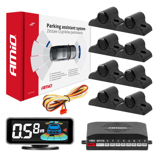Parkeringshjälpsystem LED-GRAF 3D, 8 svarta sensorer 19 mm, för lastbilar AMIO-03195