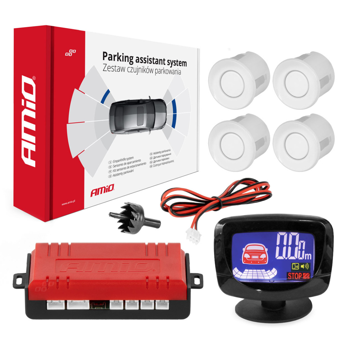 Parkeringshjälpsystem LED-GRAF, 4 vita sensorer 22 mm AMIO-01563