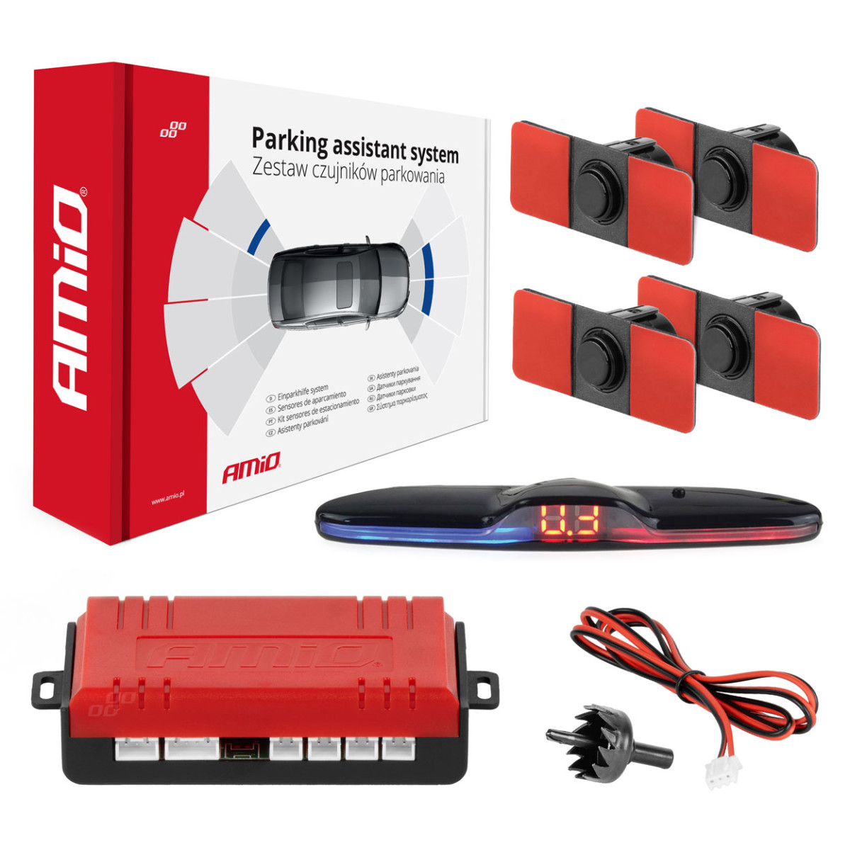 Parkeringshjälpsystem MAX LED, 4 svarta sensorer, invändig montering 16,5 mm AMIO-02291