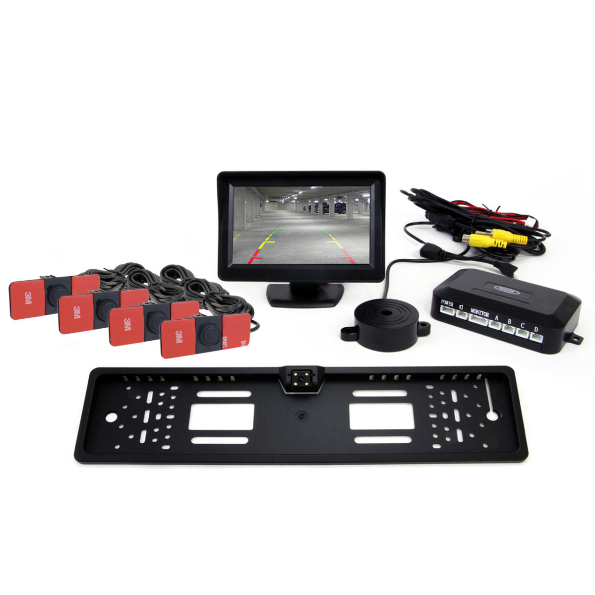 Parkeringshjälpsystem TFT01 4,3" med CAM-402 LED-kamera, 4 svarta sensorer, intern installation