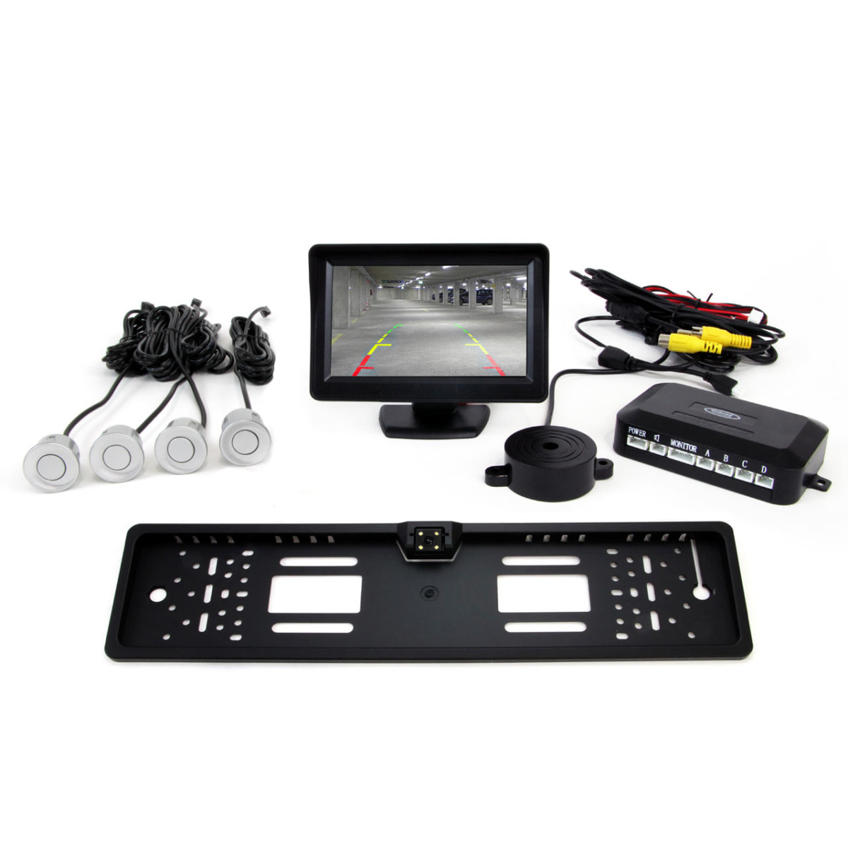 Parkeringshjälpsystem TFT01 4,3" med CAM-402 LED-kamera, 4 silverfärgade sensorer