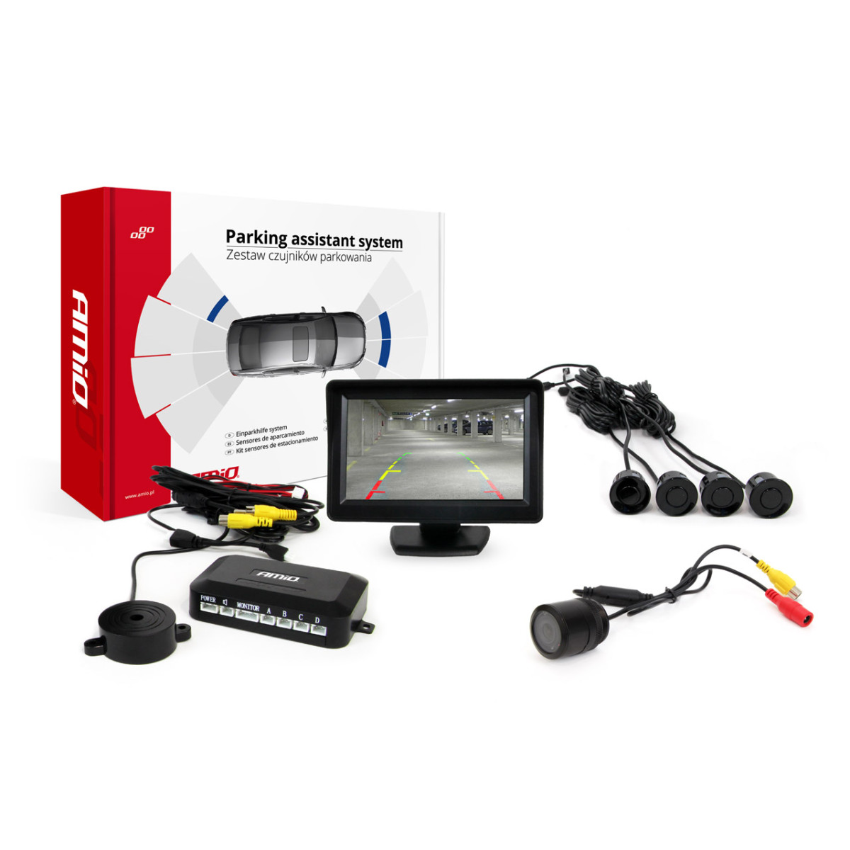 Parkeringshjälpsystem TFT01 4,3" med HD-301-IR-kamera, 4 svarta sensorer
