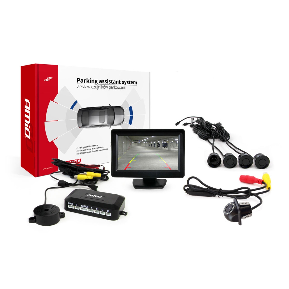 Parkeringshjälpsystem TFT01 4,3" med HD-305 LED-kamera, 4 svarta sensorer 28 mm