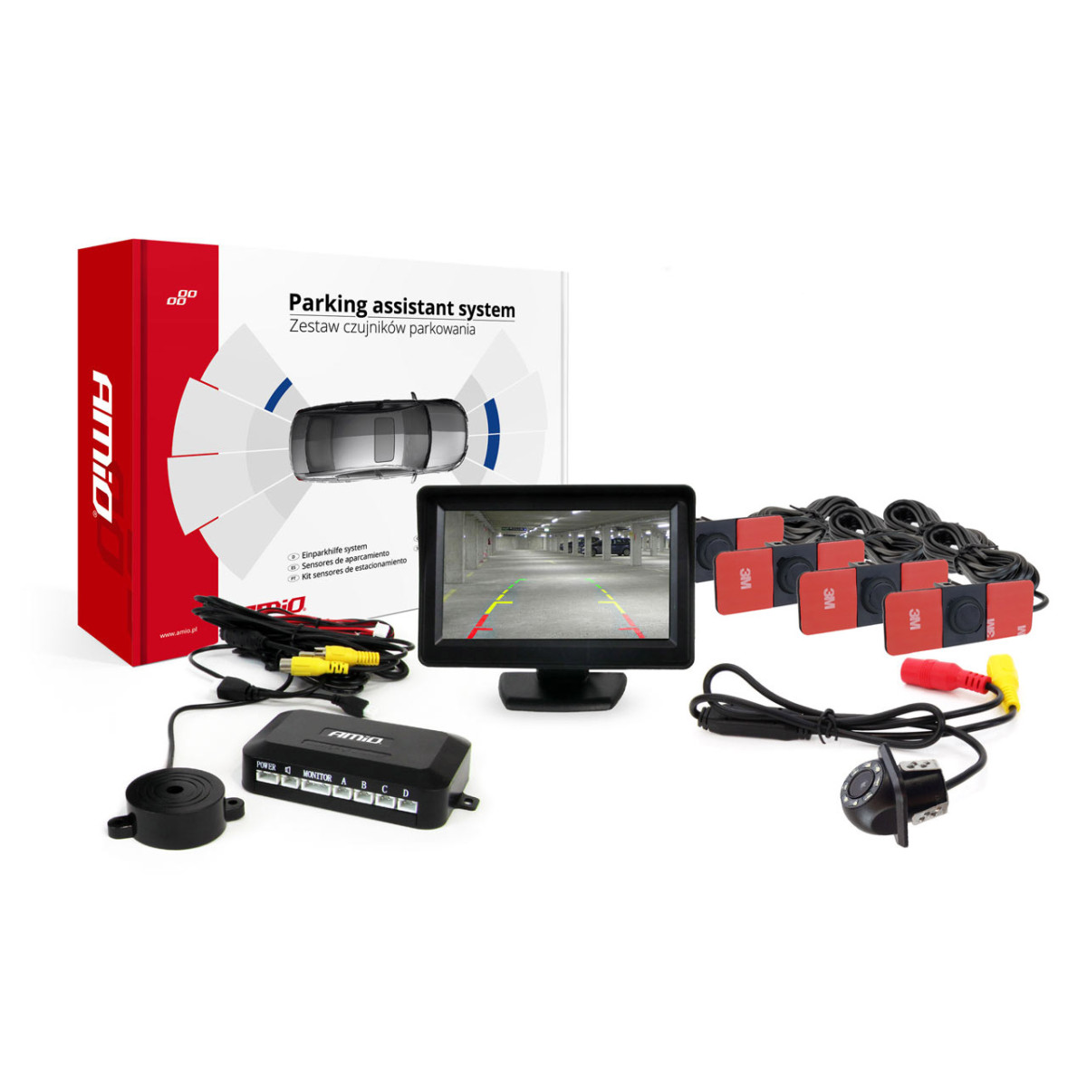 Parkeringshjälpsystem TFT01 4,3" med HD-305 LED-kamera, 4 svarta sensorer 28 mm, intern installation