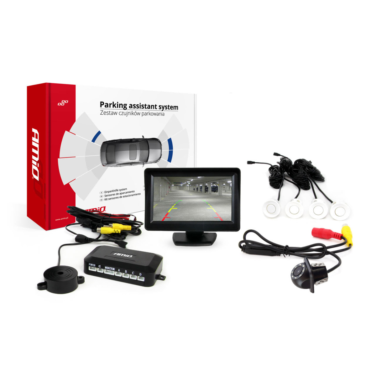 Parkeringshjälpsystem TFT01 4,3" med HD-305 LED-kamera, 4 vita sensorer 28 mm