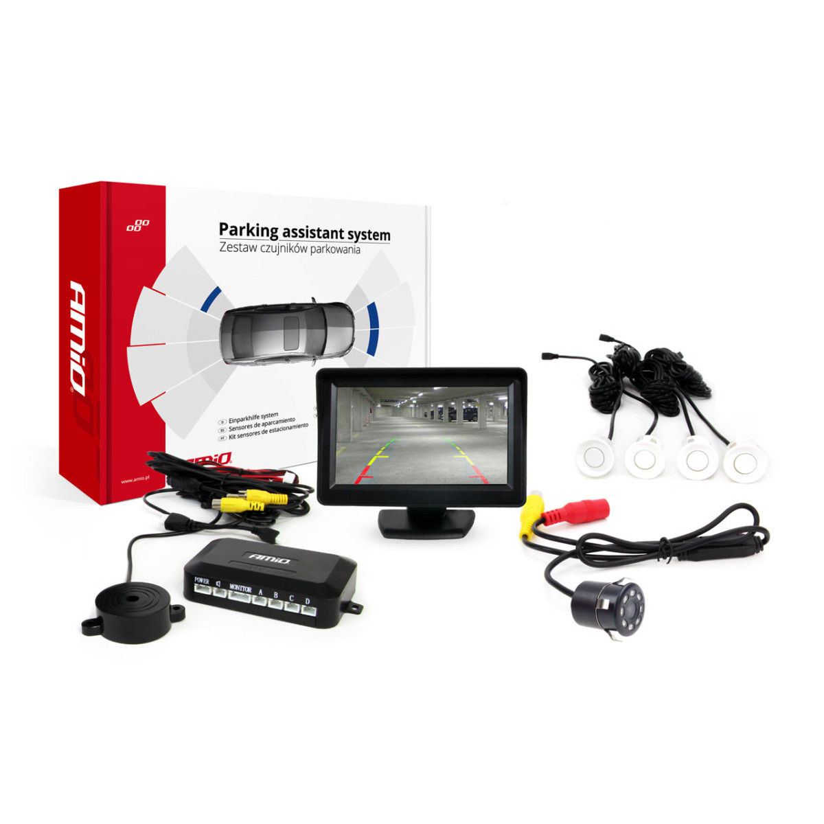 Parkeringshjälpsystem TFT01 4,3" med HD-307-IR-kamera, 4 vita sensorer 22 mm