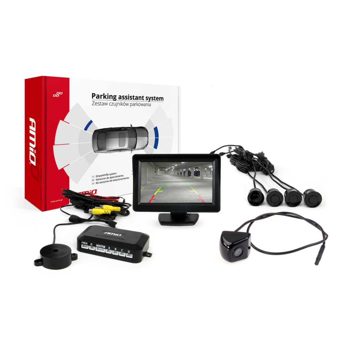 Parkeringshjälpsystem TFT01 4,3" med HD-310-kamera, 4 svarta sensorer