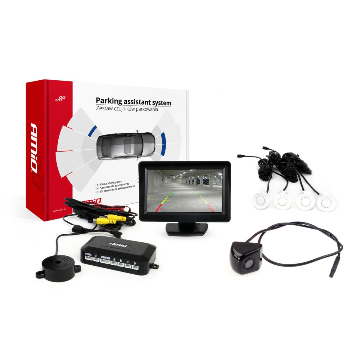 Parkeringshjälpsystem TFT01 4,3" med HD-310-kamera, 4 vita sensorer