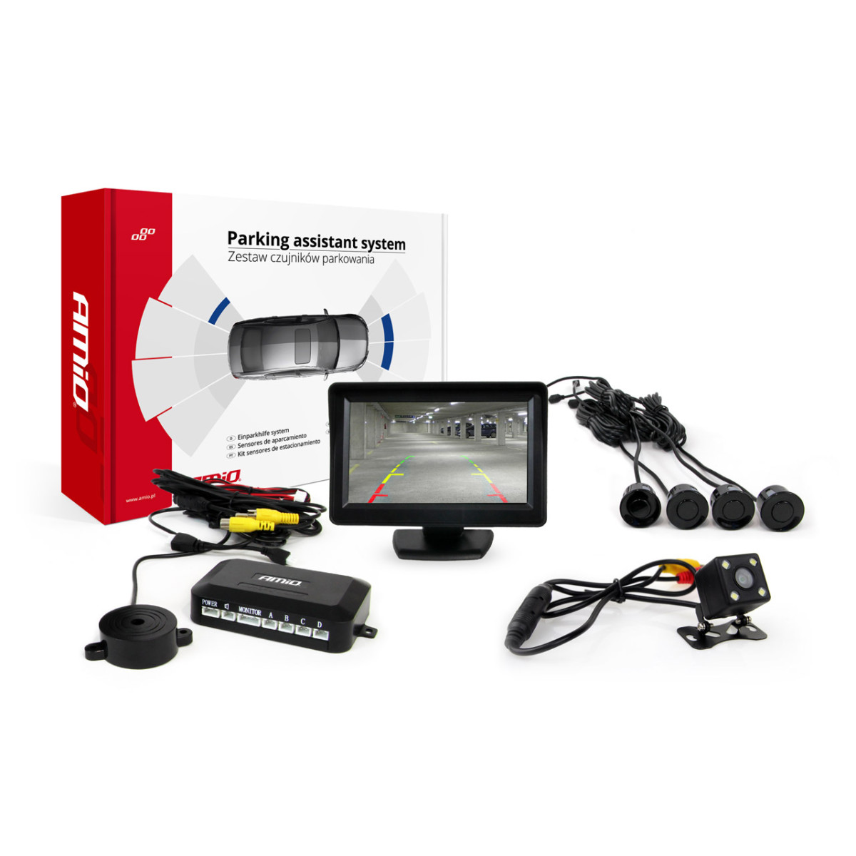 Parkeringshjälpsystem TFT01 4,3" med HD 315 LED-kamera, 4 svarta sensorer 22 mm