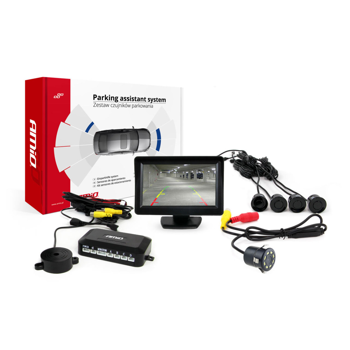 Parkeringssensorset TFT01 4,3" med HD 315 LED-kamera, 4 svarta sensorer 22 mm