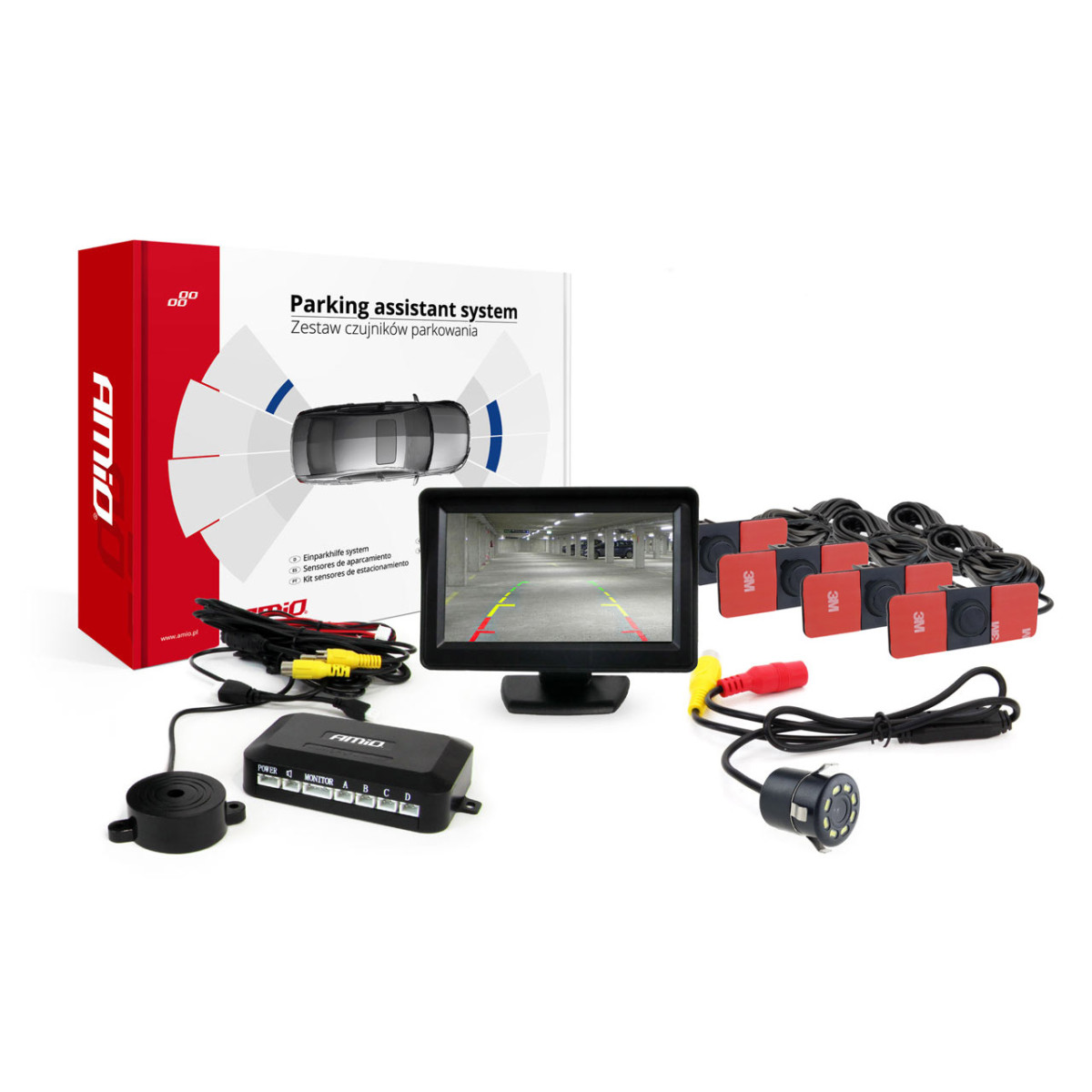 Parkeringshjälpsystem TFT01 4,3" med HD 315 LED-kamera, 4 svarta sensorer, intern installation