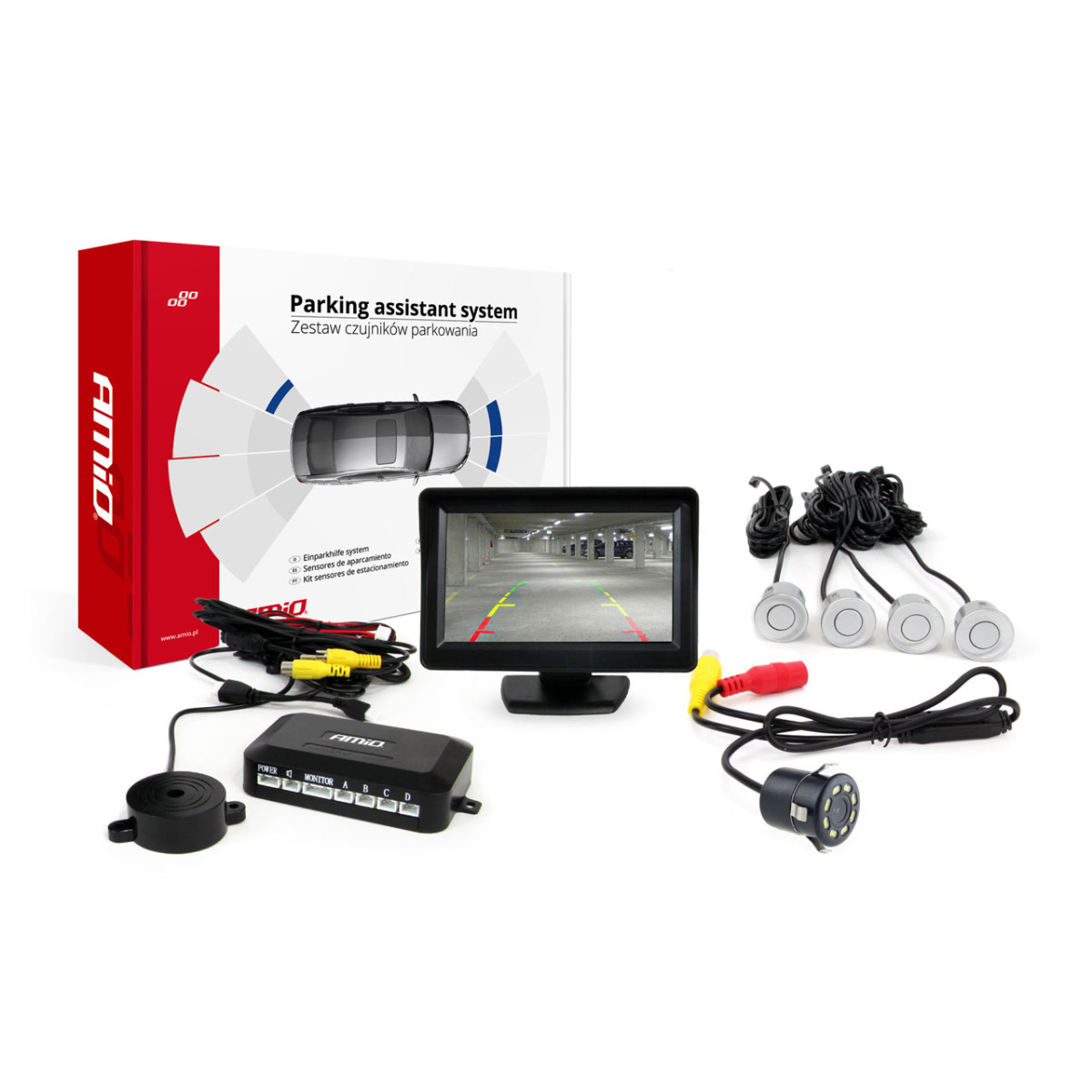 Parkeringshjälpsystem TFT01 4,3" med HD 315 LED-kamera, 4 silverfärgade sensorer 22 mm