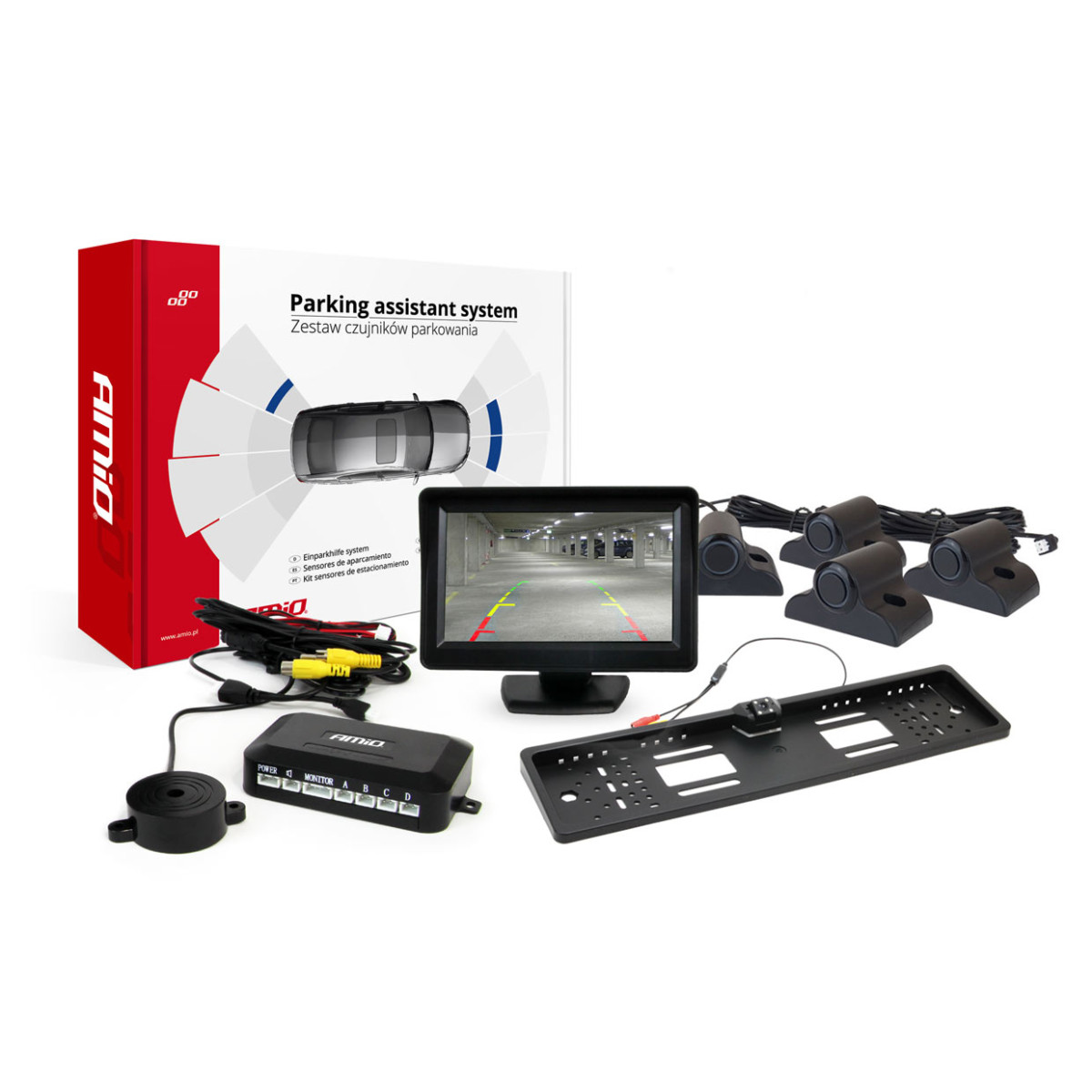 Parkeringshjälpsystem TFT01 4,3" med HD-402-LED-kamera, 4 svarta sensorer, för lastbilar