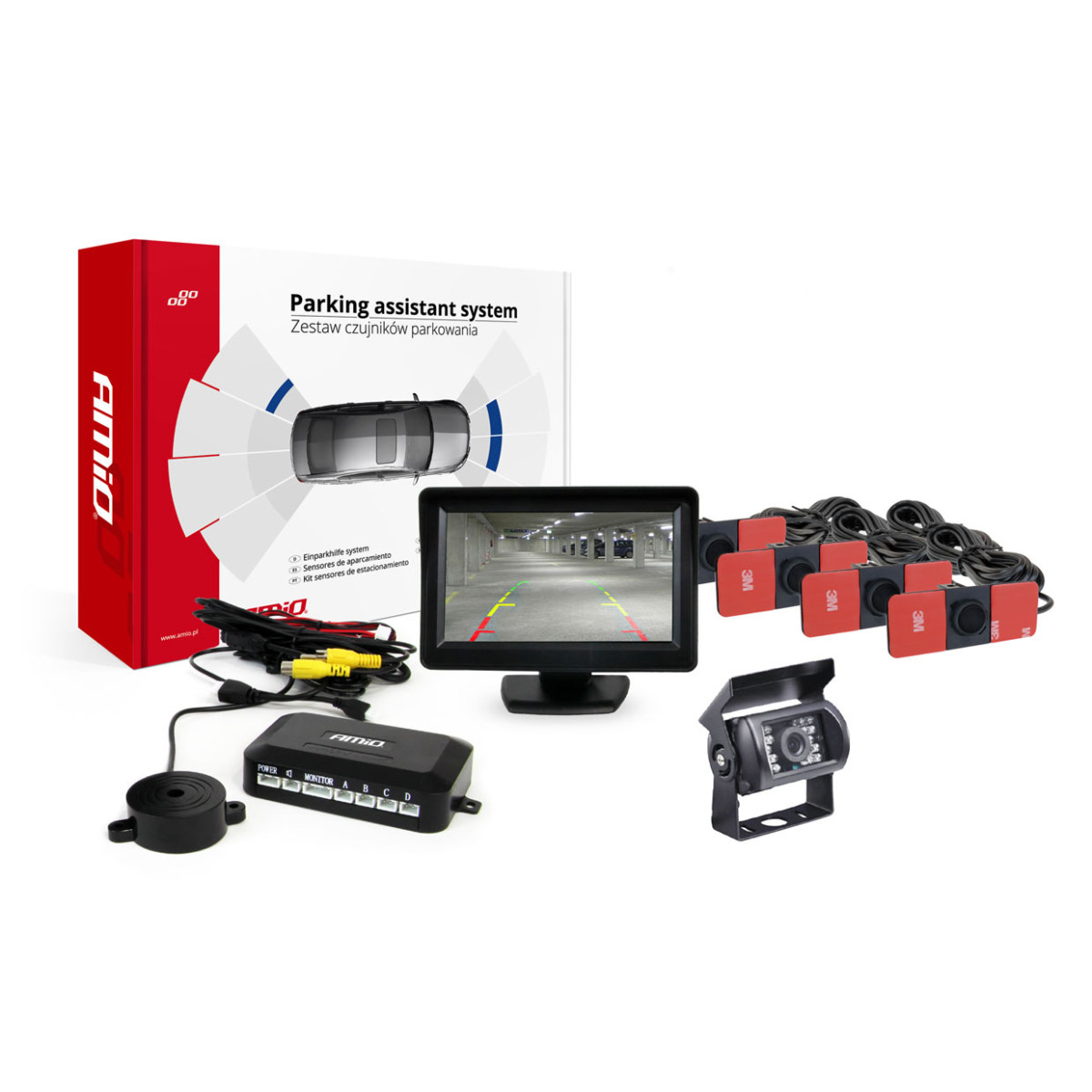 Parkeringshjälpsystem TFT01 4,3" med HD-501-IR-kamera, 4 svarta sensorer, intern installation