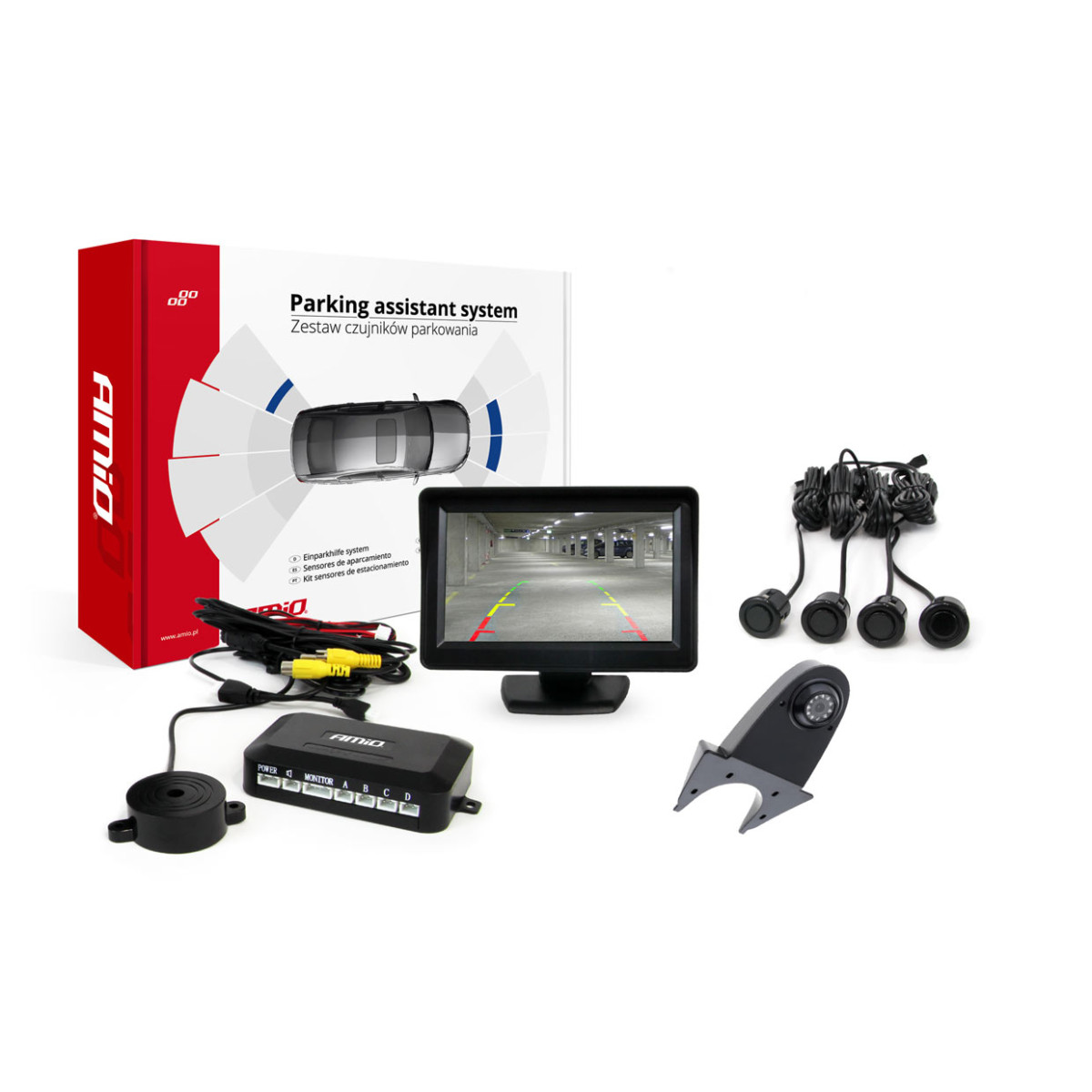 Parkeringshjälpsystem TFT01 4,3" med HD-502-IR-kamera, 4 svarta sensorer GOLD