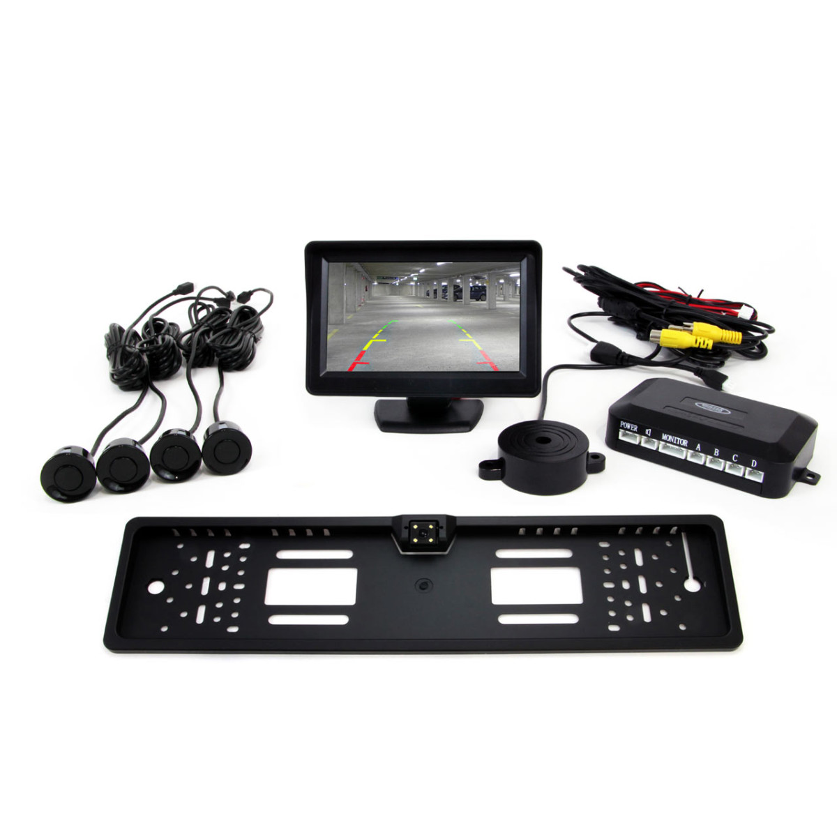 Parkeringshjälpsystem TFT01 FT 4,3" med CAM-402 LED-kamera, 4 svarta sensorer