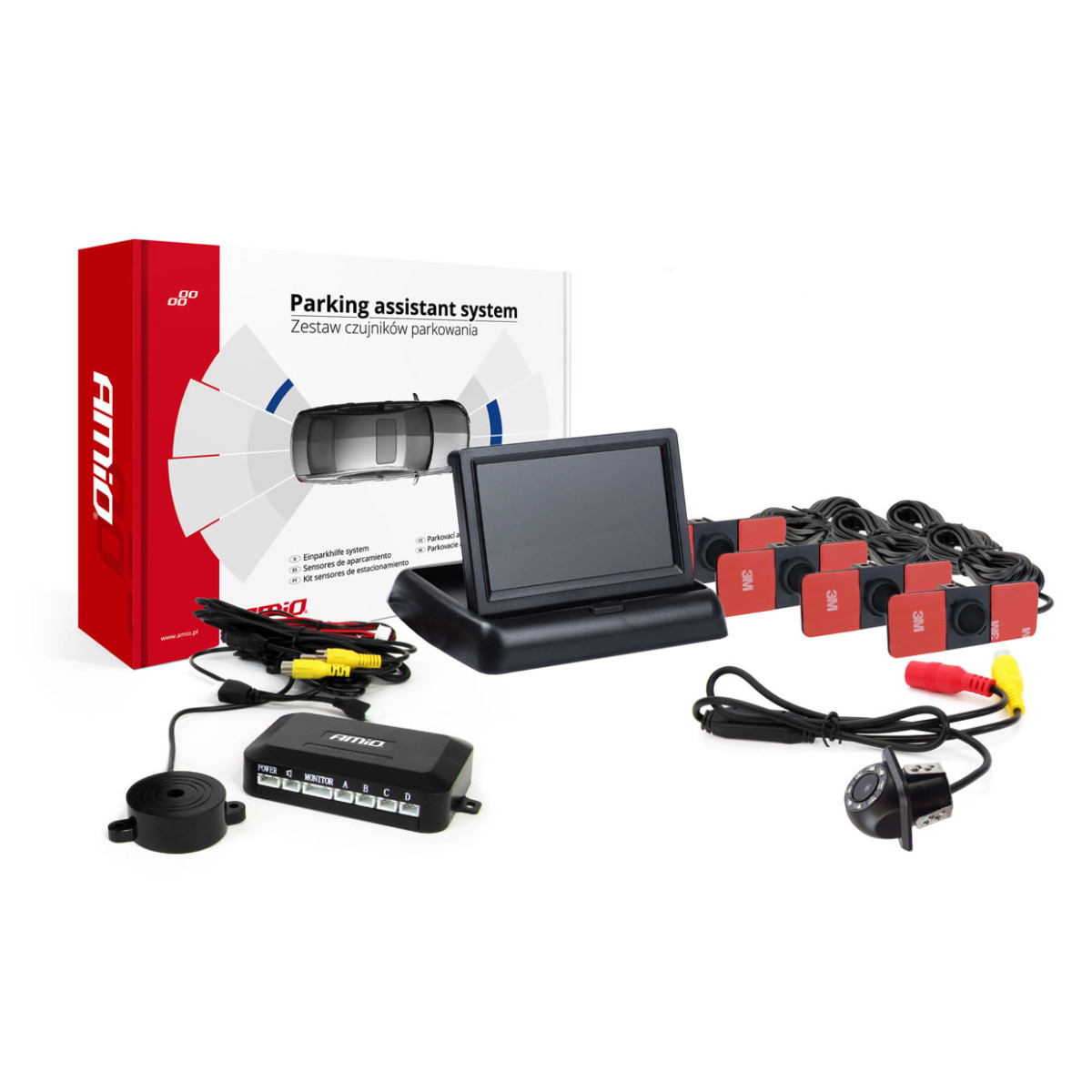 Parkeringshjälpsystem TFT02 4,3" med HD-305-LED-kamera, 4 svarta sensorer, intern installation