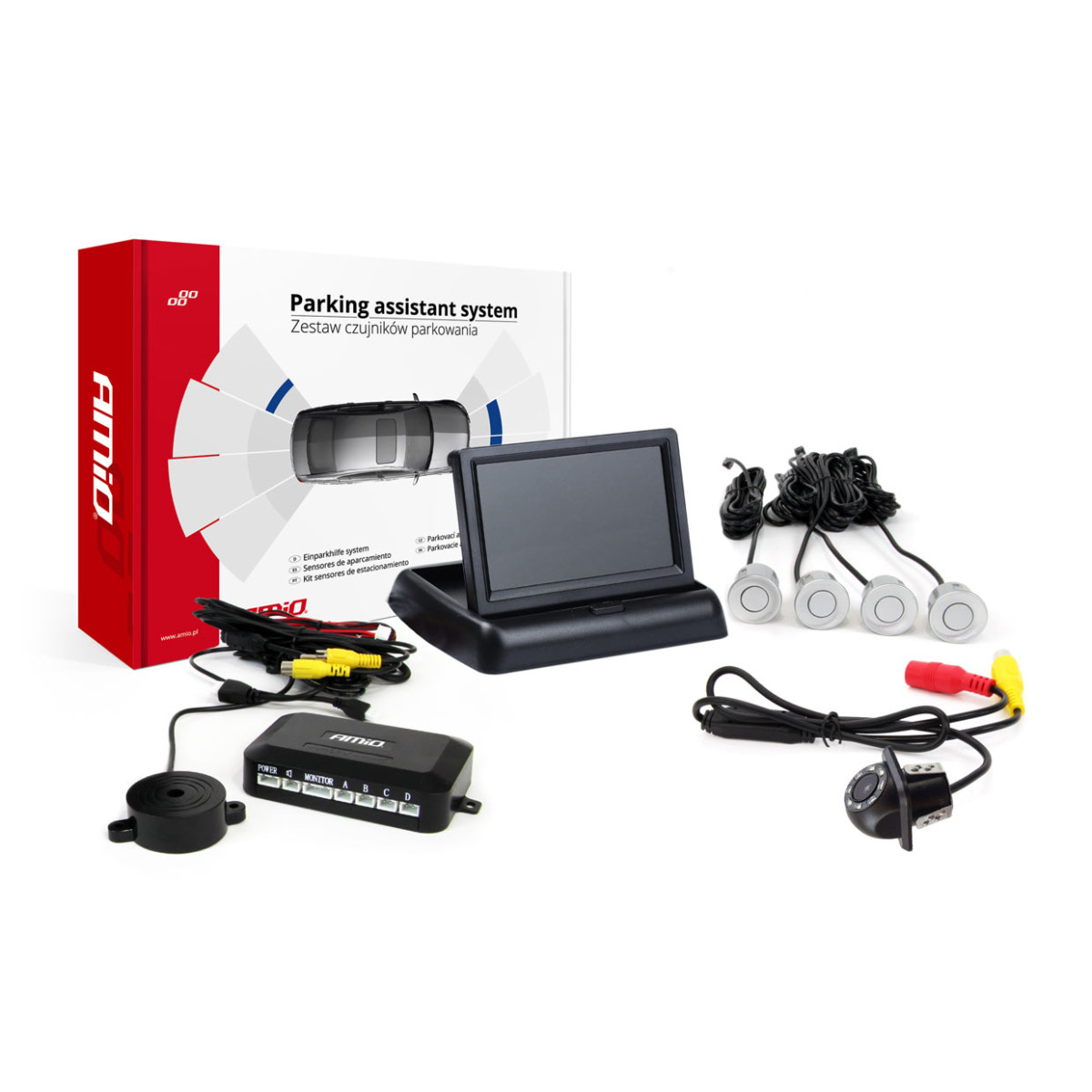 Parkeringshjälpsystem TFT02 4,3" med HD-305-LED-kamera, 4 silverfärgade sensorer