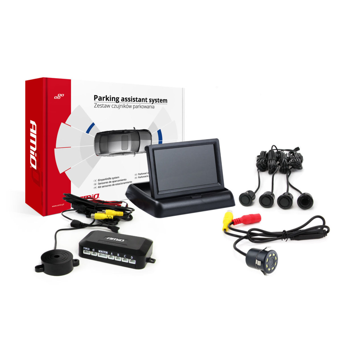 Parkeringshjälpsystem TFT02 4,3" med HD-308-LED-kamera, 4 svarta sensorer GULD