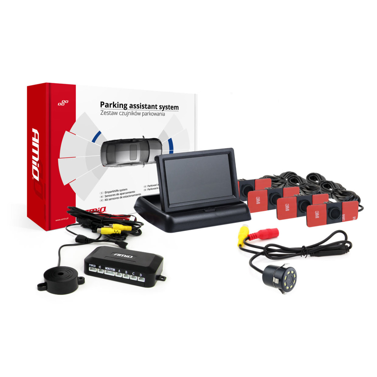 Parkeringshjälpsystem TFT02 4,3" med HD-308-LED-kamera, 4 svarta sensorer, intern installation