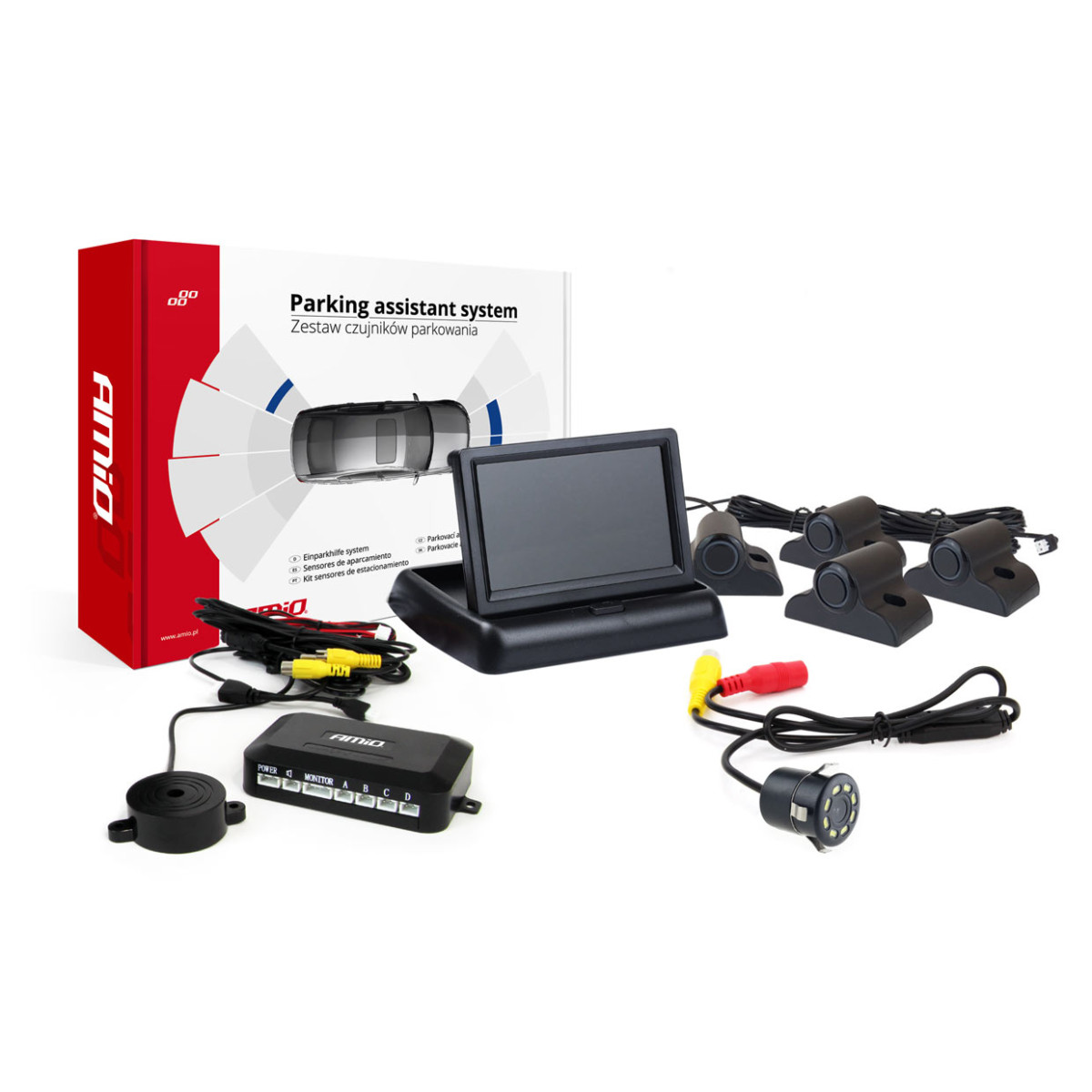 Parkeringshjälpsystem TFT02 4,3" med HD-308-LED-kamera, 4 svarta sensorer, för lastbilar