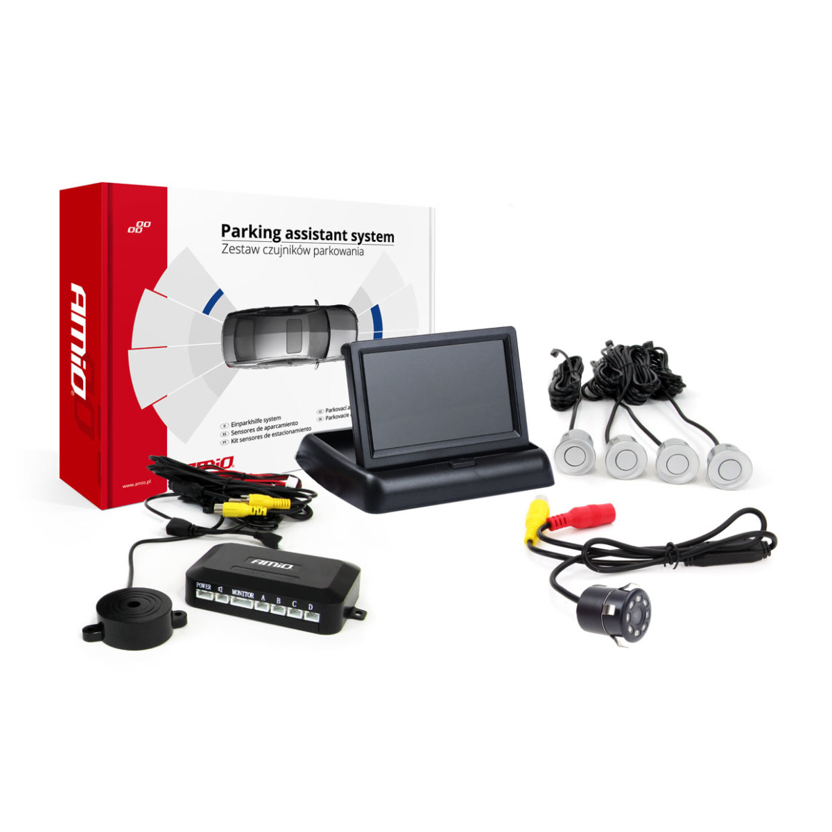 Parkeringshjälpsystem TFT02 4,3" med HD-308-LED-kamera, 4 silverfärgade sensorer