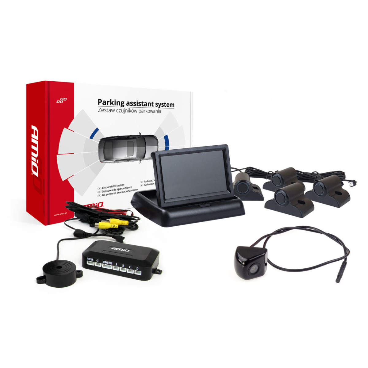 Parkeringshjälpsystem TFT02 4,3" med HD-310-LED-kamera, 4 svarta sensorer, för lastbilar