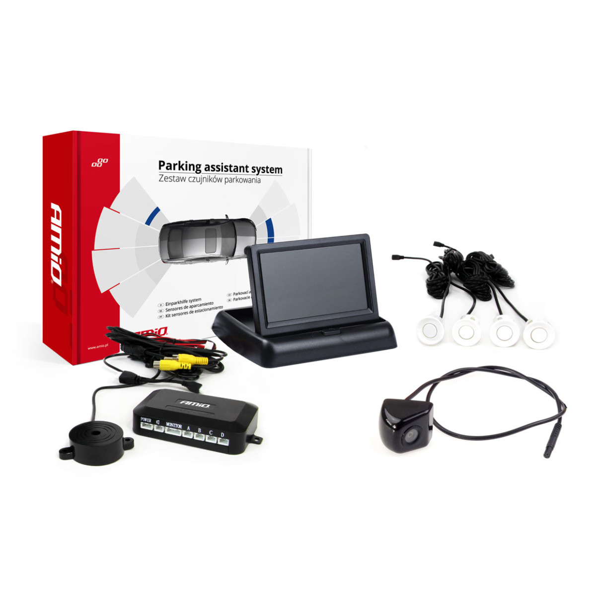 Parkeringshjälpsystem TFT02 4,3" med HD-310 LED-kamera, 4 vita sensorer