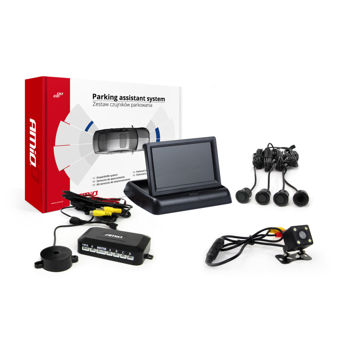 Parkeringshjälpsystem TFT02 4,3" med HD-315-LED-kamera, 4 svarta sensorer GOLD