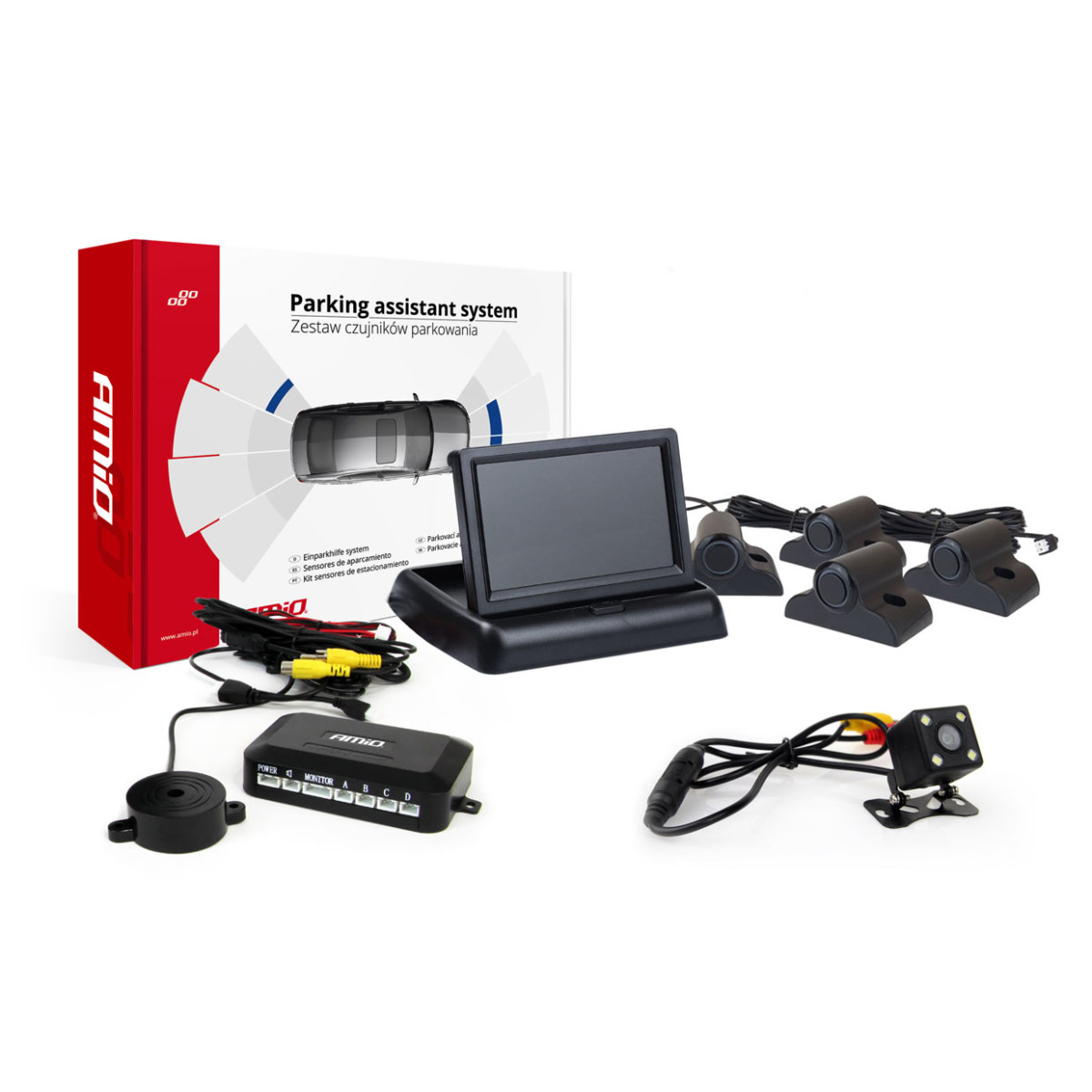 Parkeringshjälpsystem TFT02 4,3" med HD-315-LED-kamera, 4 svarta sensorer, för lastbilar