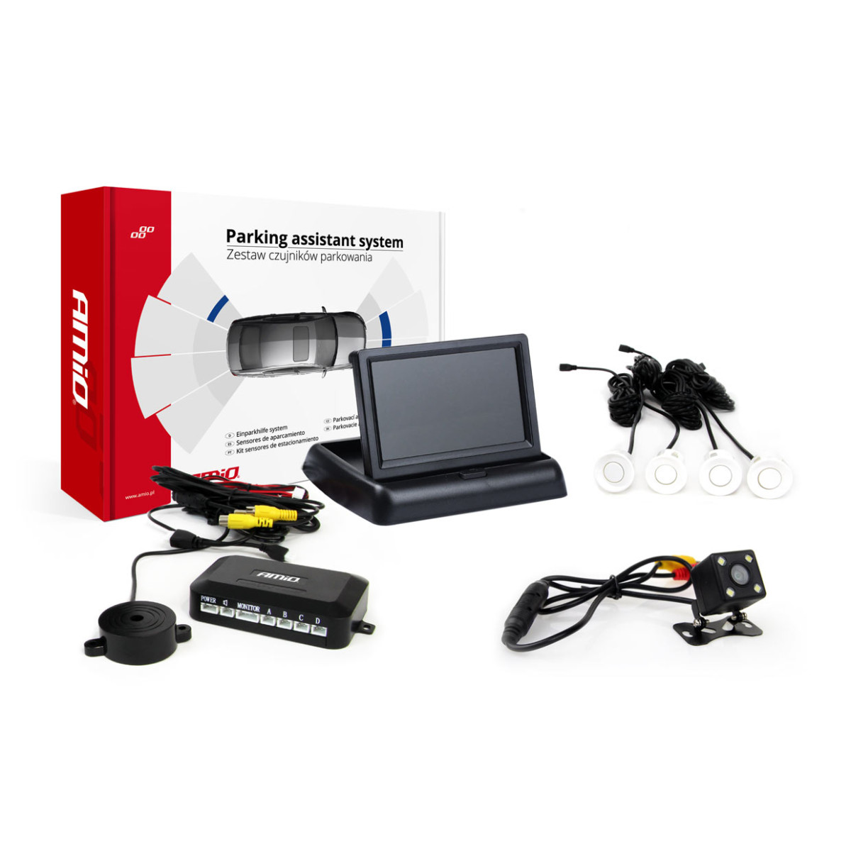 Parkeringshjälpsystem TFT02 4,3" med HD-315-LED-kamera, 4 vita sensorer