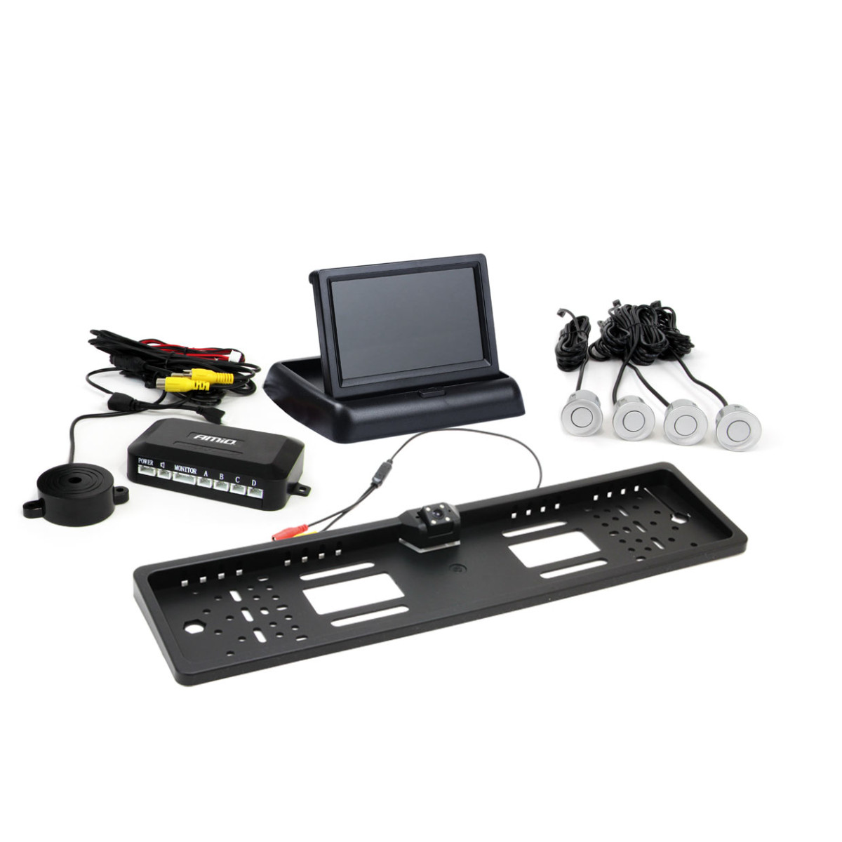 Parkeringshjälpsystem TFT02 4,3" med HD-402-LED-kamera, 4 silverfärgade sensorer