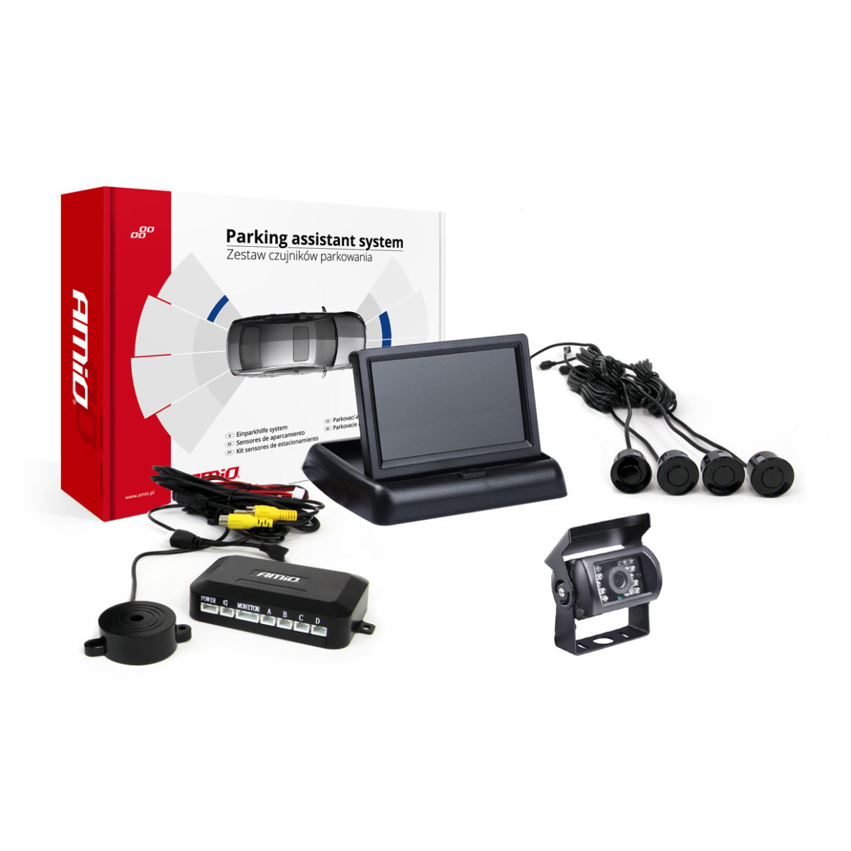 Parkeringshjälpsystem TFT02 4,3" med HD-501-IR-kamera, 4 svarta sensorer