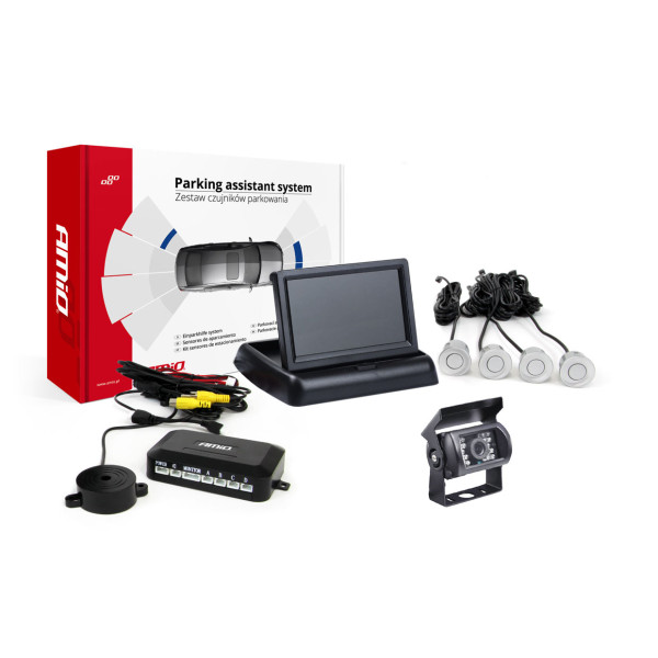 Parkeringshjälpsystem TFT02 4,3" med HD-501-IR-kamera, 4 silverfärgade sensorer