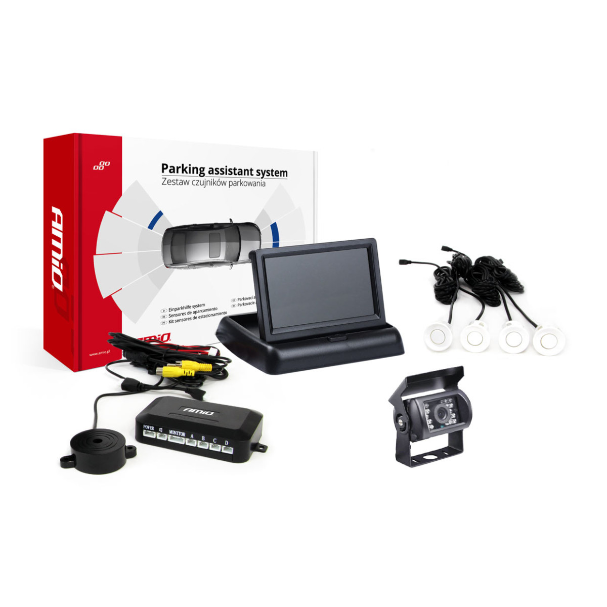 Parkeringshjälpsystem TFT02 4,3" med HD-501-IR-kamera, 4 vita sensorer